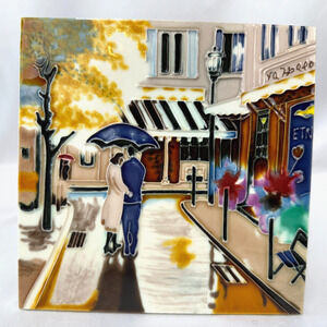 Hand Painted Ceramic Art Romantic Stroll Tile Wall Hanging Plaque Fiber Back 3D